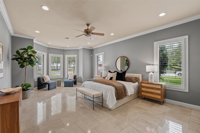 6021 Canyon Trl, Waco, TX 76657 - bedroom featuring recessed lighting, baseboards, crown molding, and ceiling fan