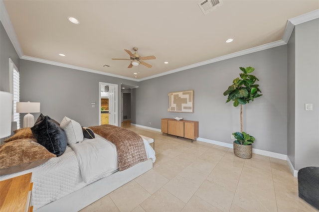 6021 Canyon Trl, Waco, TX 76657 - bedroom featuring recessed lighting, baseboards, crown molding, and a ceiling fan