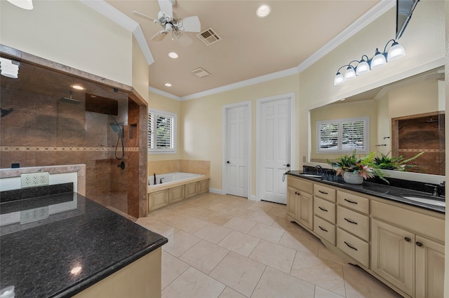 6021 Canyon Trl, Waco, TX 76657 - full bath with a garden tub, ceiling fan, ornamental molding, double vanity, and a walk in shower