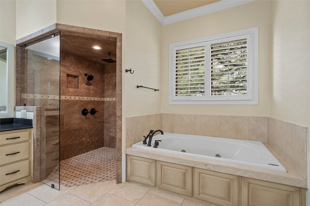 6021 Canyon Trl, Waco, TX 76657 - bathroom featuring crown molding, a whirlpool tub, and walk in shower
