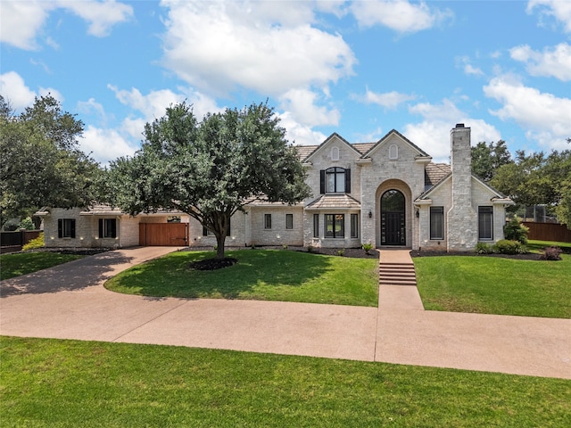 6021 Canyon Trl, Waco, TX 76657 - french country home with a chimney, a front yard, stone siding, and driveway