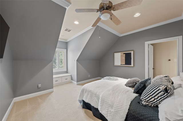 6021 Canyon Trl, Waco, TX 76657 - bedroom featuring crown molding, baseboards, light colored carpet, recessed lighting, and ceiling fan