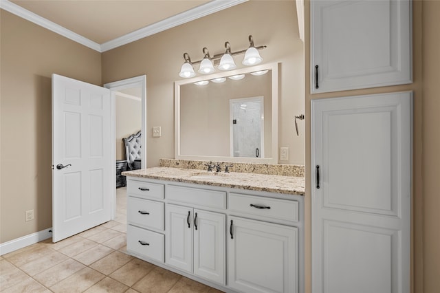 6021 Canyon Trl, Waco, TX 76657 - bathroom with crown molding, vanity, tile patterned floors, baseboards, and a shower