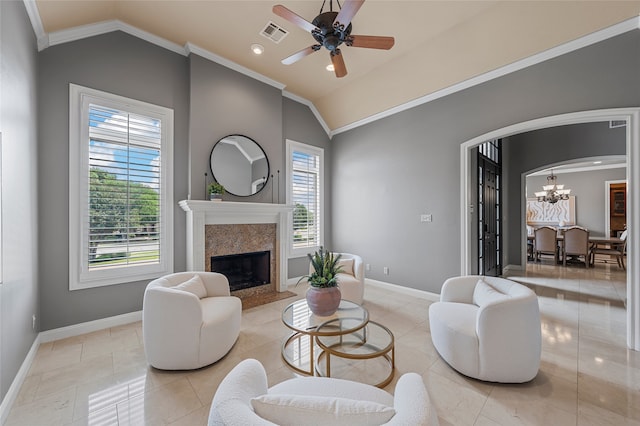 6021 Canyon Trl, Waco, TX 76657 - living area featuring plenty of natural light, lofted ceiling, baseboards, ornamental molding, and a chandelier