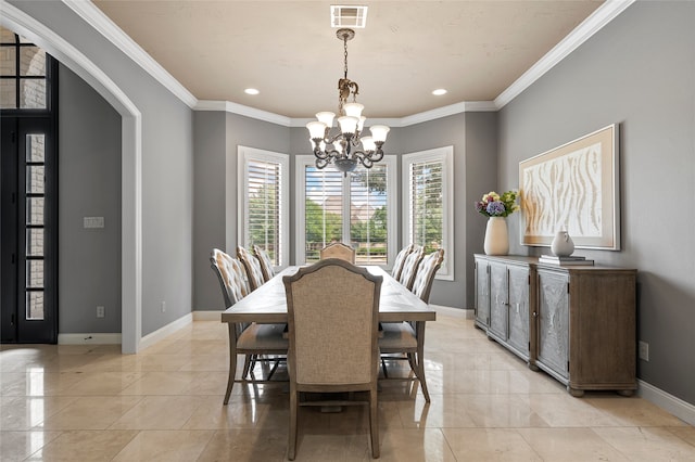 6021 Canyon Trl, Waco, TX 76657 - dining room with arched walkways, a chandelier, baseboards, crown molding, and recessed lighting