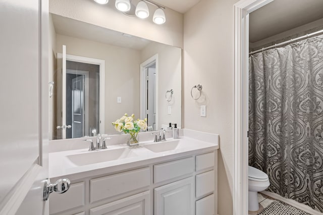 4302 Meadow Hawk Dr, Arlington, TX 76005 - full bath featuring toilet, double vanity, tile patterned flooring, and a shower with curtain