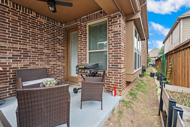 4302 Meadow Hawk Dr, Arlington, TX 76005 - view of patio with a ceiling fan, an outdoor living space, fence, and area for grilling