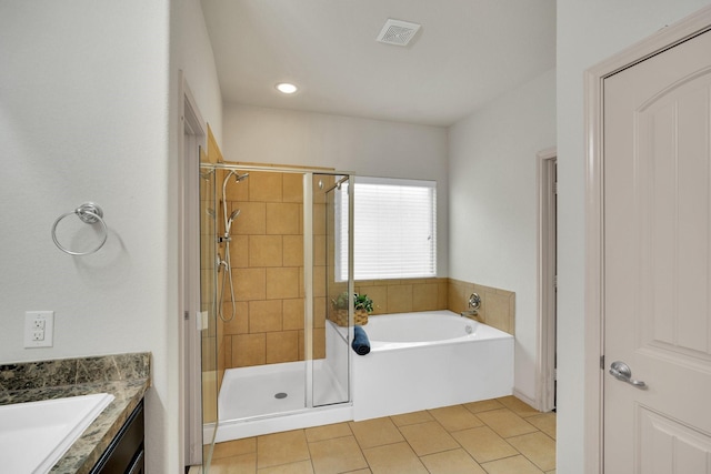 8213 White Hart Dr, Fort Worth, TX 76179 - full bath with a stall shower, a bath, vanity, tile patterned flooring, and recessed lighting