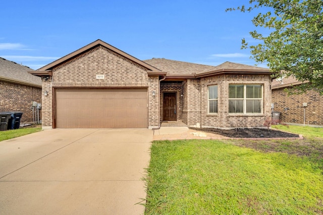 8213 White Hart Dr, Fort Worth, TX 76179 - view of front facade with a garage, brick siding, driveway, and a front lawn
