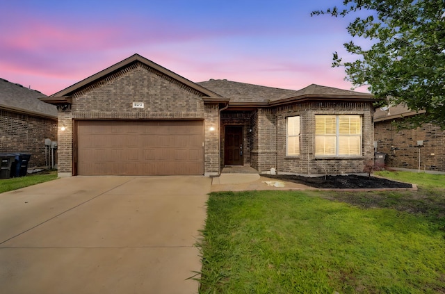8213 White Hart Dr, Fort Worth, TX 76179 - view of front of home with an attached garage, brick siding, concrete driveway, and a front lawn