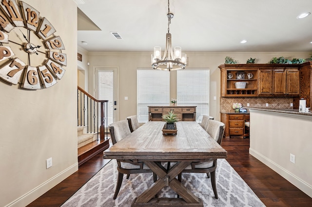 4651 Liam Dr, Frisco, TX 75034 - dining space featuring stairway, a chandelier, baseboards, dark wood-type flooring, and recessed lighting