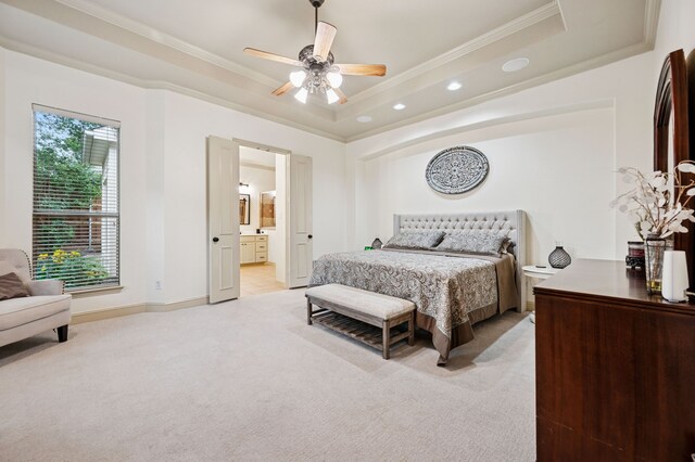 4651 Liam Dr, Frisco, TX 75034 - bedroom with crown molding, light colored carpet, a tray ceiling, recessed lighting, and baseboards