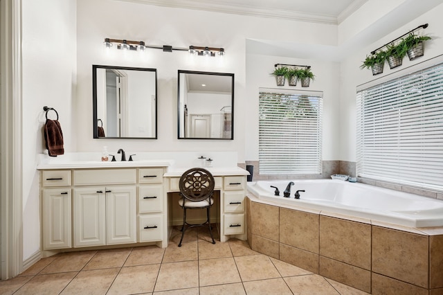 4651 Liam Dr, Frisco, TX 75034 - bathroom featuring crown molding, a bath, tile patterned floors, and vanity