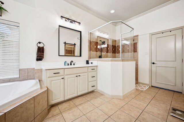 4651 Liam Dr, Frisco, TX 75034 - full bath featuring tile patterned floors, a walk in shower, a bath, vanity, and crown molding