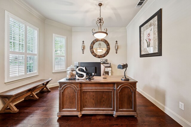 4651 Liam Dr, Frisco, TX 75034 - office featuring baseboards, dark wood-style floors, and crown molding
