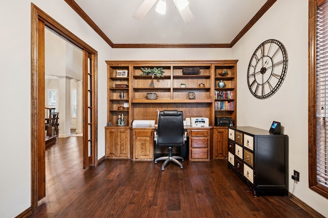 4651 Liam Dr, Frisco, TX 75034 - office space featuring ceiling fan, dark wood-style flooring, ornamental molding, and baseboards