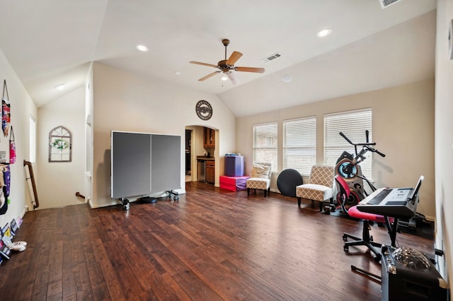 4651 Liam Dr, Frisco, TX 75034 - exercise room with vaulted ceiling, wood finished floors, ceiling fan, arched walkways, and recessed lighting