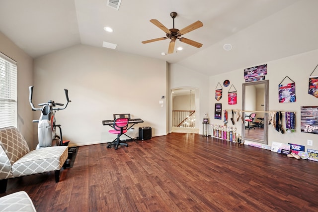 4651 Liam Dr, Frisco, TX 75034 - rec room with vaulted ceiling, wood finished floors, ceiling fan, arched walkways, and baseboards