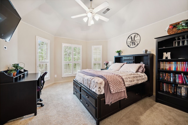 4651 Liam Dr, Frisco, TX 75034 - bedroom featuring carpet floors, an office area, ceiling fan, baseboards, and lofted ceiling