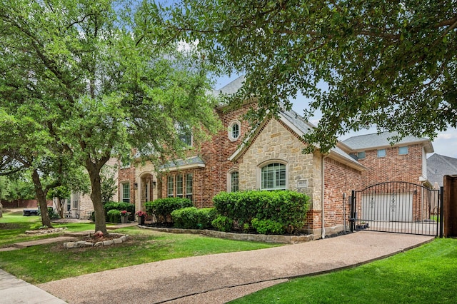 4651 Liam Dr, Frisco, TX 75034 - view of front of property with a gate, stone siding, concrete driveway, a front yard, and a garage