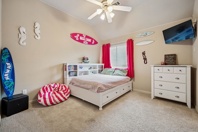4651 Liam Dr, Frisco, TX 75034 - carpeted bedroom featuring vaulted ceiling, baseboards, and a ceiling fan