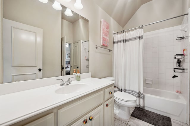 4651 Liam Dr, Frisco, TX 75034 - full bathroom featuring toilet, vanity, vaulted ceiling, shower / bath combo, and tile patterned flooring