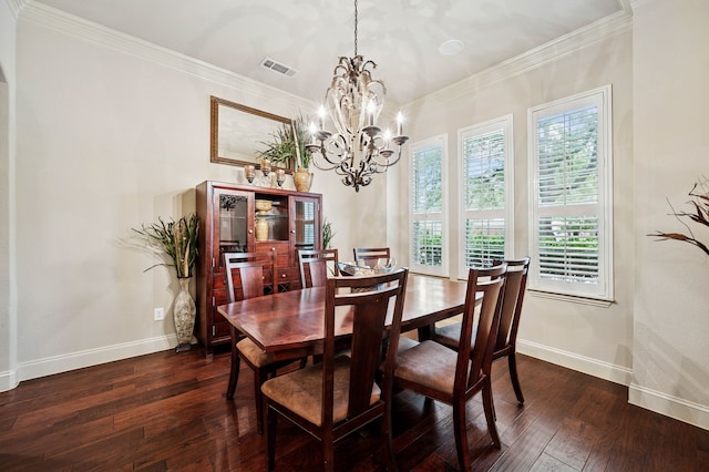 4651 Liam Dr, Frisco, TX 75034 - dining area with a chandelier, baseboards, dark wood-style floors, and ornamental molding