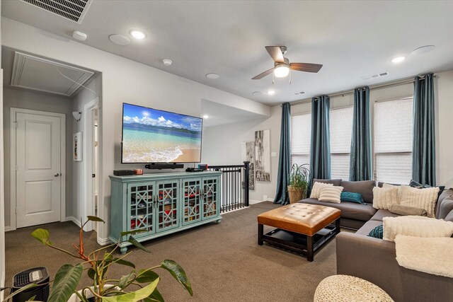1806 Clouded Wren Dr, Arlington, TX 76005 - living room featuring attic access, a ceiling fan, carpet flooring, baseboards, and recessed lighting