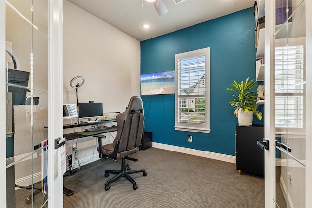 1806 Clouded Wren Dr, Arlington, TX 76005 - home office featuring ceiling fan, carpet floors, baseboards, and recessed lighting