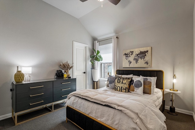 1806 Clouded Wren Dr, Arlington, TX 76005 - bedroom featuring dark colored carpet, lofted ceiling, baseboards, and ceiling fan