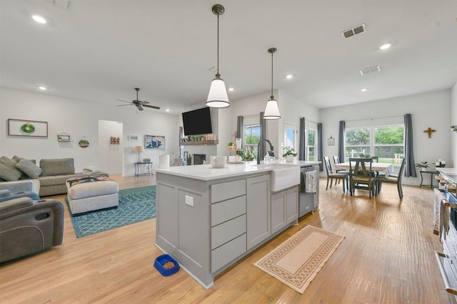 1511 Horseshoe Ct, Justin, TX 76247 - kitchen featuring open floor plan, stainless steel dishwasher, a sink, light countertops, and light wood finished floors
