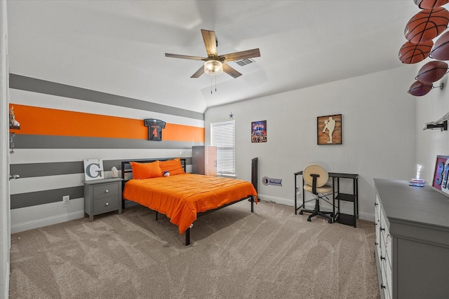 615 Louder Way, Fate, TX 75087 - bedroom featuring light carpet, baseboards, lofted ceiling, and ceiling fan
