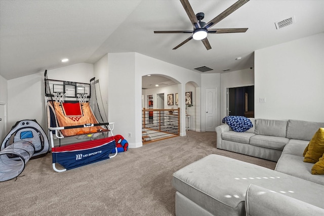 615 Louder Way, Fate, TX 75087 - carpeted living room featuring arched walkways, a ceiling fan, recessed lighting, baseboards, and lofted ceiling