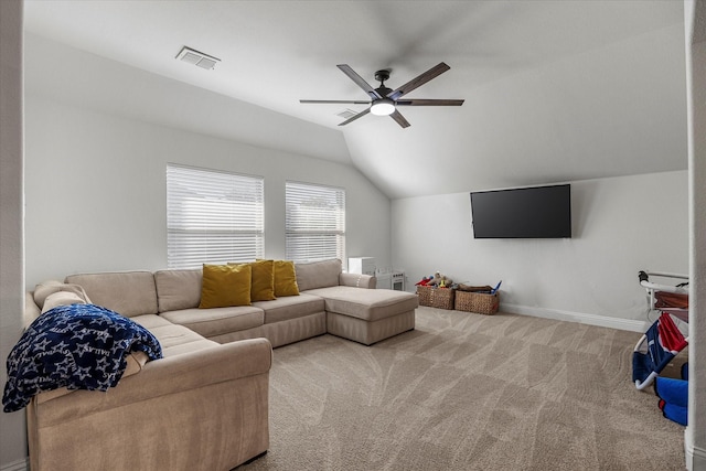 615 Louder Way, Fate, TX 75087 - carpeted living room featuring vaulted ceiling, ceiling fan, and baseboards