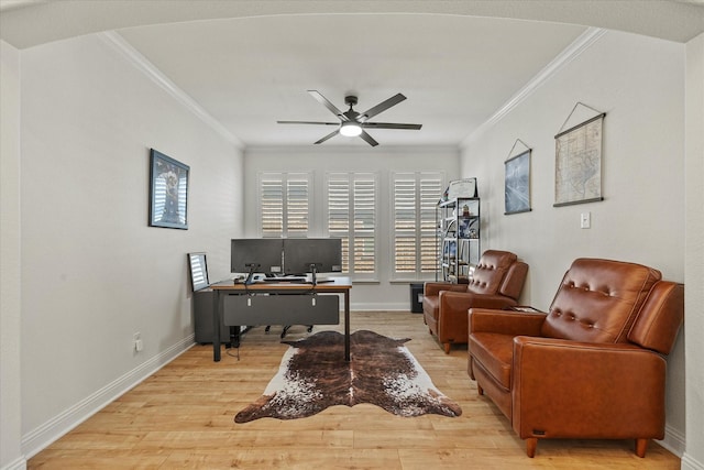 615 Louder Way, Fate, TX 75087 - office area with a ceiling fan, crown molding, light wood-type flooring, and baseboards