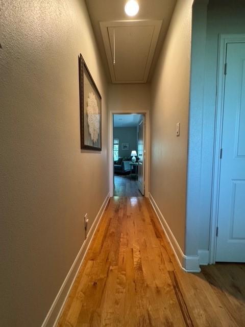 255 Chaparrals Run, Azle, TX 76020 - hall with attic access, light wood-style flooring, and baseboards
