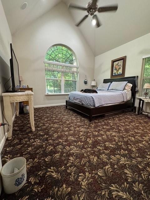 255 Chaparrals Run, Azle, TX 76020 - bedroom featuring carpet, baseboards, high vaulted ceiling, and ceiling fan