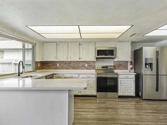5632 Twitty St, The Colony, TX 75056 - kitchen with appliances with stainless steel finishes, light countertops, dark wood-type flooring, a sink, and a textured ceiling