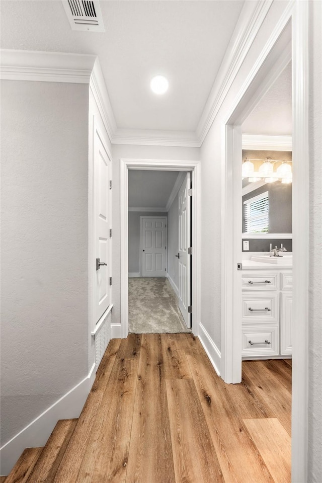 9916 Sandalwood Dr, Woodway, TX 76712 - corridor with crown molding, light wood-type flooring, and baseboards