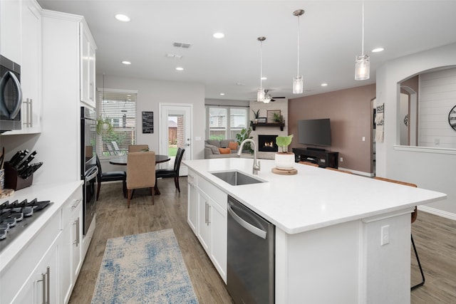 1619 Temperance Way, Wylie, TX 75098 - kitchen featuring appliances with stainless steel finishes, a sink, a fireplace, light countertops, and recessed lighting