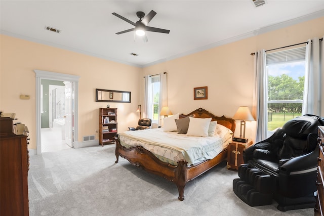 404 High Meadow Ln, Heath, TX 75032 - carpeted bedroom featuring crown molding, baseboards, a ceiling fan, and ensuite bathroom