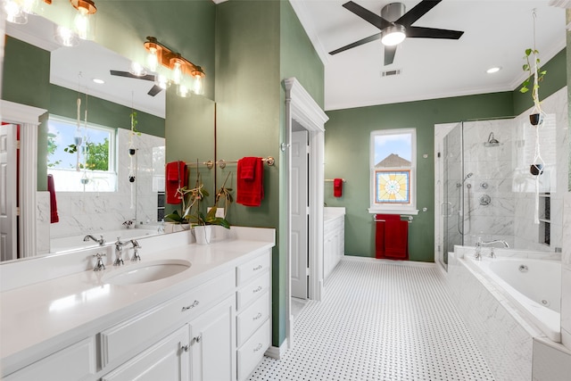 404 High Meadow Ln, Heath, TX 75032 - full bathroom featuring ceiling fan, a whirlpool tub, healthy amount of natural light, a stall shower, and ornamental molding