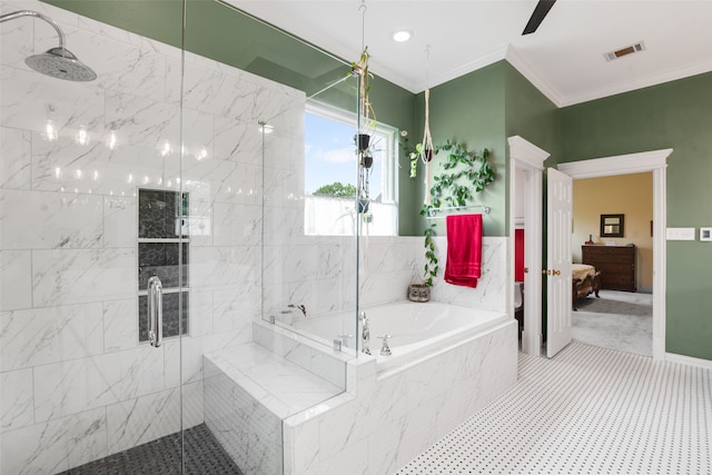 404 High Meadow Ln, Heath, TX 75032 - ensuite bathroom featuring a bath, a marble finish shower, and crown molding