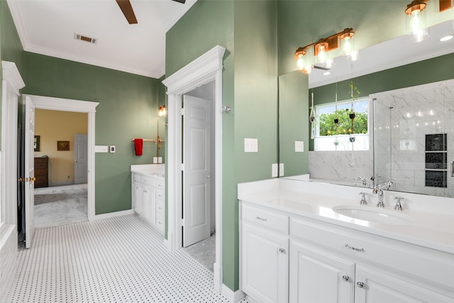 404 High Meadow Ln, Heath, TX 75032 - bathroom with vanity, crown molding, ceiling fan, baseboards, and a marble finish shower