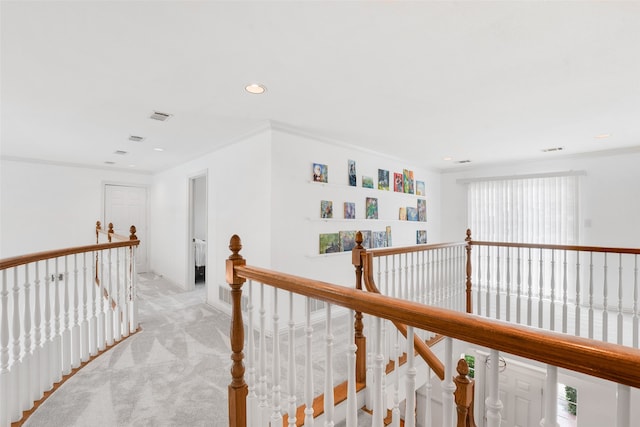 404 High Meadow Ln, Heath, TX 75032 - hallway featuring an upstairs landing, light carpet, recessed lighting, and baseboards