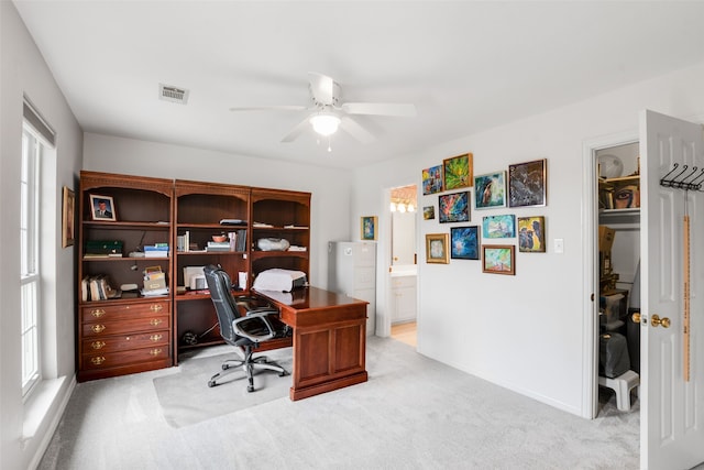 404 High Meadow Ln, Heath, TX 75032 - office area featuring a ceiling fan, light carpet, and baseboards
