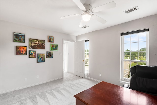 404 High Meadow Ln, Heath, TX 75032 - office area featuring light colored carpet, baseboards, and ceiling fan