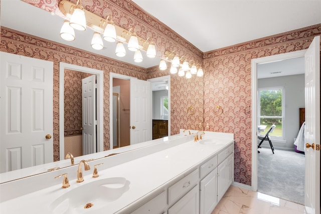 404 High Meadow Ln, Heath, TX 75032 - bathroom featuring double vanity, baseboards, a stall shower, and marble look tile flooring