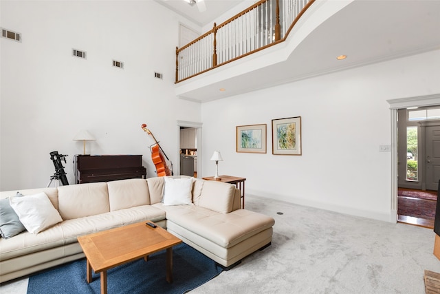 404 High Meadow Ln, Heath, TX 75032 - living room featuring a high ceiling, carpet, and baseboards
