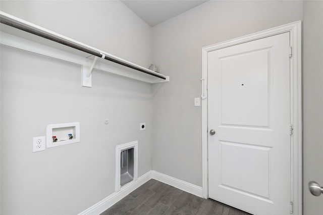 4142 Perch Dr, Forney, TX 75126 - washroom with electric dryer hookup, hookup for a washing machine, dark wood finished floors, baseboards, and hookup for a gas dryer
